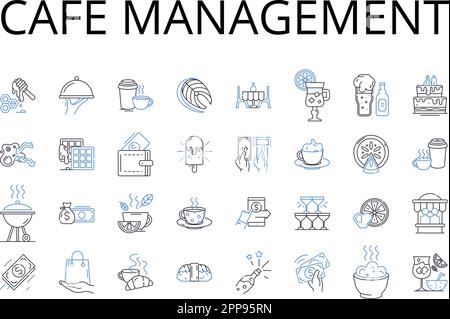 Sammlung der Symbole für die Café-Management-Linie. Restaurantleitung, Bistro-Verwaltung, Coffeehouse-Verwaltung, Eatery-Leitung, Tavern-Leitung, Bar Stock Vektor