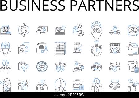 Sammlung der Liniensymbole von Geschäftspartnern. Collaborative Team, Cooperative Alliance, Joint Venture, Complementary Pair, Dynamic Duo, Symbiotisch Stock Vektor