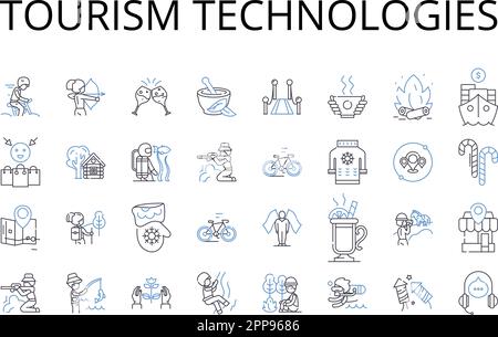 Tourismustechnologien Kollektion mit Symbolen. Künstliche Intelligenz, soziale Medien, Virtual Reality, mobile Anwendungen, E-Commerce, Online-Marketing Stock Vektor