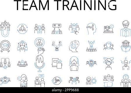 Team Training Line Icons Kollektion. Gruppenunterricht, kollektive Ausbildung, Besatzungsentwicklung, Organisations-Workshop, gemeinsames Coaching, Koalition Stock Vektor