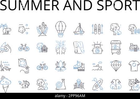 Sommer- und Sportkollektion mit Ikonen. Sonniges Wetter und Leichtathletik, warme Jahreszeit und Erholung, Sommer und Bewegung, heiße Zeit und körperliche Betätigung Stock Vektor