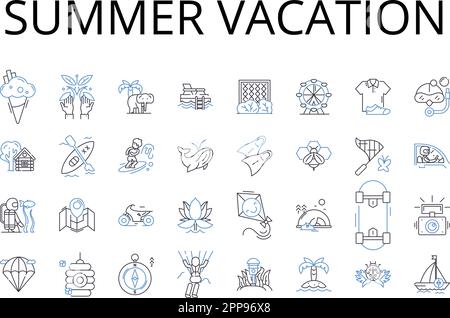 Summer Vacation Line Icons Kollektion. Strandurlaub, Winterurlaub, Frühlingsurlaub, tropischer Kurzurlaub, Bergurlaub, Roadtrip, Kulturexpedition Stock Vektor