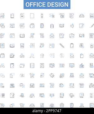 Icons-Kollektion für Bürodesign. Büro, Design, Inneneinrichtung, Dekoration, Layout, Anordnung, Architektur-Vektorbildungs-Set. Möbel Stock Vektor