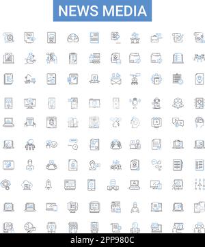 symbolsammlung für nachrichten- und Medienumrisse. Nachrichten, Medien, Journalismus, Information, Rundfunk, Vektorbildungs-Set für Berichte, Textabschnitte. Schlagzeilen, Verleger Stock Vektor