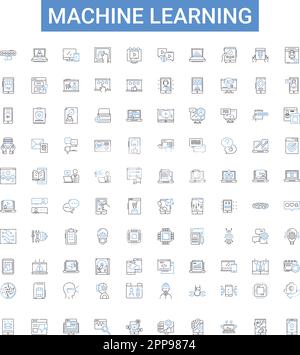 Symbolsammlung für das maschinelle Lernen. Maschine, Lernen, KI, neuronale, Netzwerke, Algorithmus, Datenvektor-Zeichnungssatz. Vorhersage, überwacht Stock Vektor