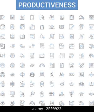 Symbolsammlung für Produktivitäts-Gliederung. Effizienz, Output, Qualität, Wohlstand, Prozess, Exzellenter, fruchtbarer Vektorbildsatz. Kräftig Stock Vektor