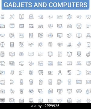 Gadjets und Computer zeigen die Symbolsammlung an. Gadgets, Computer, Technologie, Elektronik, Hardware, Vektorbildungs-Set für Laptops und Desktops Stock Vektor