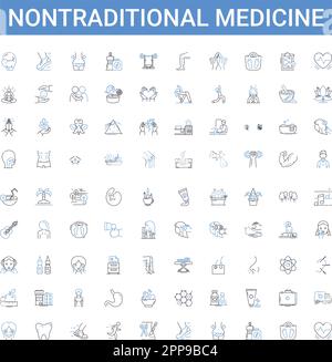 Nicht-traditionelle Medizin umrissen Ikonensammlung. Alternativ, Komplementär, Ganzheitlich, Pflanzlich, Homöopathisch, Ayurvedischer, unkonventioneller Vektor Stock Vektor