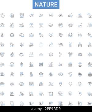 Ikonensammlung für Naturumrisse. Natur, Wildnis, Natur, Umwelt, Landschaft, Himmel, Pflanzen-Vektor-Zeichnungsset. Bäume, Tiere, Ökologie Stock Vektor