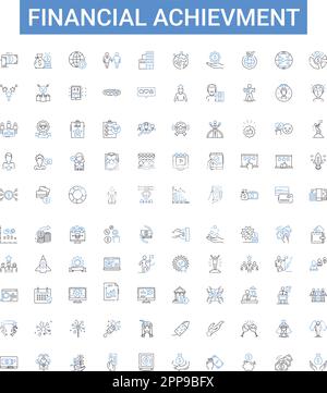 Übersicht über finanzielle Errungenschaften Symbolsammlung. Wohlstand, Wohlstand, Gewinn, Einsparungen, Investitionen, Zeichnungssatz für Kapital- und Wertvektor. Einkommen, Vermögen Stock Vektor