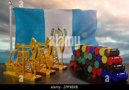 Guatemalas Erdölmarkt. Ölpumpe aus Gold und Fässer aus Metall. Das Konzept der Ölproduktion, -Lagerung und -wert. Guatemaltekische Flagge hinten Stockfoto