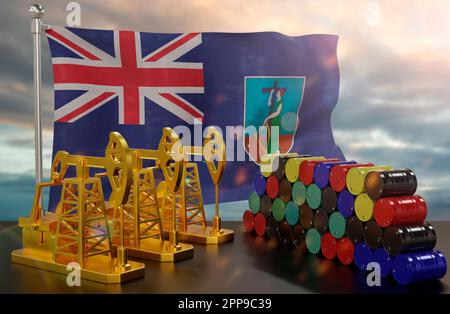 Der Erdölmarkt von Montserrat. Ölpumpe aus Gold und Fässer aus Metall. Das Konzept der Ölproduktion, -Lagerung und -wert. Montserrat-Flagge in Ba Stockfoto