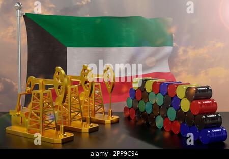 Der Erdölmarkt in Kuwait. Ölpumpe aus Gold und Fässer aus Metall. Das Konzept der Ölproduktion, -Lagerung und -wert. Kuwait-Flagge im Hintergrund Stockfoto