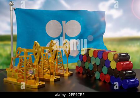 Der OPEC-Erdölmarkt. Ölpumpe aus Gold und Fässer aus Metall. Das Konzept der Ölproduktion, -Lagerung und -wert. OPEC-Flag im Hintergrund. 3 Stockfoto