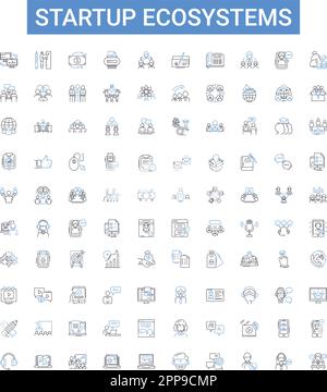 Systemstart-Ökosysteme stellen Symbolsammlung dar. Gründerzentren, Beschleuniger, Saatgut, Finanzierung, Mentoring, VCS, Engelvektorbildungs-Set. Investoren Stock Vektor