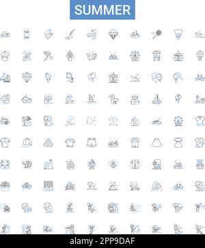 Sommer Outline Icons Kollektion. Sonne, Hitze, Urlaub, Sonnenbrand, Strand, Picknick, Pool-Vektor-Zeichnungsset. Schilder für Ozean, Grill, Eiscreme Stock Vektor