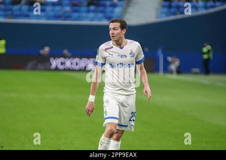 Sankt Petersburg, Russland. 22. April 2023. Denis Makarov (Nr. 25) von Dynamo, gesehen während des Fußballspiels der russischen Premier League zwischen Zenit St. Petersburg und Dynamo Moskau in der Gazprom Arena. Zenit 3:1 Dynamo. (Foto: Maksim Konstantinov/SOPA Images/Sipa USA) Guthaben: SIPA USA/Alamy Live News Stockfoto