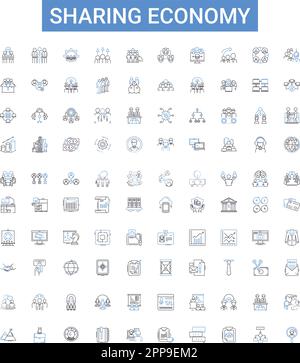 Symbolsammlung der Modellstruktur „Sharing Economy“. Kollaborativ, Netzwerk, Austausch, Dismediation, Plattform, Kommerzialisierung, Kollaborationsvektor Stock Vektor