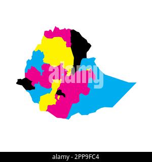 Äthiopien: Politische Karte der Verwaltungsabteilungen - Regionen und Charterstädte. Leere Vektorzuordnung in CMYK-Farben. Stock Vektor