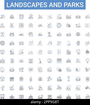 Landschaften und Parks umreißen die Ikonensammlung. Landschaften, Parks, Grünflächen, Wanderwege, Natur, Bäume, Vektorbildungs-Set im Freien. Malerisch, Vistas Stock Vektor