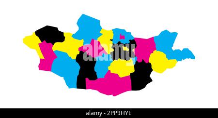 Politische Karte der Mongolei der Verwaltungsabteilungen - Provinzen und khot Ulaanbaatar. Leere Vektorzuordnung in CMYK-Farben. Stock Vektor