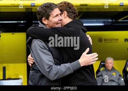 Oliver GLASNER (links, Trainer, F) und Edin TERZIC (Trainer, DO) reden miteinander, reden, Fußball 1. Bundesliga, 29. Spieltag, Borussia Dortmund (DO) - Eintracht Frankfurt (F) 4:0, am 22. April. 2023 in Dortmund/Deutschland. Stockfoto