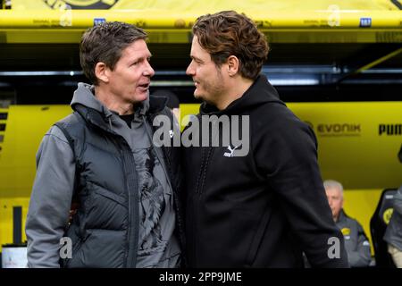 Oliver GLASNER (links, Trainer, F) und Edin TERZIC (Trainer, DO) reden miteinander, reden, Fußball 1. Bundesliga, 29. Spieltag, Borussia Dortmund (DO) - Eintracht Frankfurt (F) 4:0, am 22. April. 2023 in Dortmund/Deutschland. Stockfoto