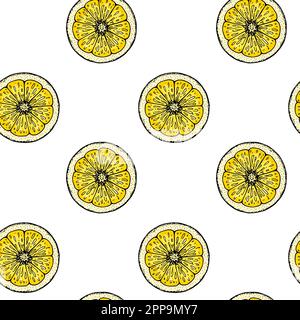 Nahtloses Zitronenmuster. Farbenfrohe handgezeichnete Vektordarstellung im Skizzenstil. Tropische exotische Zitrusfrüchte im Sommer Stock Vektor