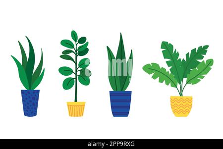 Set aus Innenpflanzen in Töpfen in flacher Form. Stock Vektor