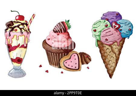 Süßigkeiten und Desserts. Lebensmittelanordnungen für Karten und Verpackungsdesign Stock Vektor