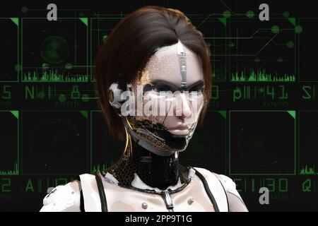 Künstlerische 3D-Darstellung eines Cyborgs mit künstlicher Intelligenz Stockfoto