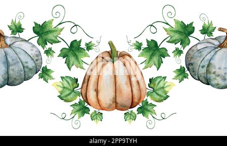 Aquarell-Vektor Kürbisse Satz von Illustrationen. Dekoration mit Kürbissen in Aquarellfarben. Thanksgiving. Halloween. Stock Vektor