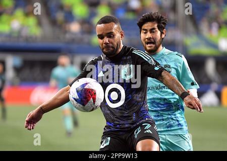 Seattle, WA, USA. 22. April 2023. 22. April 2023: Minnesota United Defender D.J. Taylor (27) während des MLS-Fußballspiels zwischen Minnesota United und Seattle Sounders FC im Lumen Field in Seattle, WA. Seattle hat Minnesota 1-0 besiegt. Steve Faber/CSM(Kreditbild: © Steve Faber/Cal Sport Media) Kredit: CAL Sport Media/Alamy Live News Stockfoto