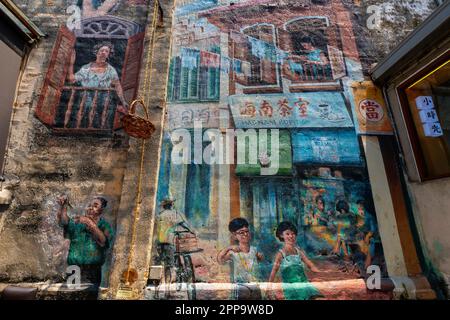 Wunderschöne malaysische Wandbilder von Kuala Lumpur, die das Leben der ersten chinesischen Siedler, Kuala Lumpur Altstadt, Malaysia darstellen. Stockfoto