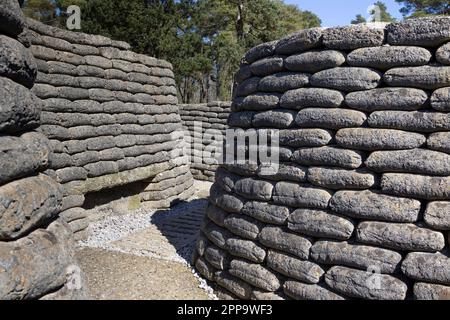 Rekonstruierte Gräben aus dem Ersten Weltkrieg, gefunden in Vimy Ridge, nahe Lens in Frankreich. Stockfoto