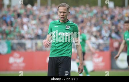 Münster, Deutschland. 22. April 2023. firo : 04/22/2023-Fußball, Fußball, Saison der Regionalliga, 2022/2023, Regionalliga West, Rückflug, 31. Spieltag SC Preussen Münster, SCP, Preussen Münster - Fortuna Düsseldorf 2, II, Two, 2:0 SC Preussen Münster, SCP, Preussen Münster, Rises, in, The, 3. Liga, ON, Rise Dennis Grote, Halbfigurenkredit: dpa/Alamy Live News Stockfoto