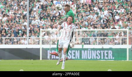 Münster, Deutschland. 22. April 2023. firo : 04/22/2023-Fußball, Fußball, Saison der Regionalliga, 2022/2023, Regionalliga West, Rückflug, 31. Spieltag SC Preussen Münster, SCP, Preussen Münster - Fortuna Düsseldorf 2, II, Two, 2:0 SC Preussen Münster, SCP, Preussen Münster, Rises, in, The, 3. League, On, Rise Duels, Alexander Hahn Credit: dpa/Alamy Live News Stockfoto