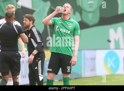 Münster, Deutschland. 22. April 2023. firo : 04/22/2023-Fußball, Fußball, Saison der Regionalliga, 2022/2023, Regionalliga West, Rückflug, 31. Spieltag SC Preussen Münster, SCP, Preussen Münster - Fortuna Düsseldorf 2, II, Two, 2:0 SC Preussen Münster, SCP, Preussen Münster, Rises, in, The, 3. Liga, Rise Simon Scherder, Halbziffer: dpa/Alamy Live News Stockfoto