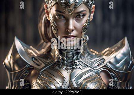 Die Zukunft ist da: Eine futuristische Frau im Metallic-Anzug Stockfoto