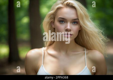 Natürliche Schönheit strahlt in einer ruhigen Waldlandschaft aus: Wunderschöne Blondine in weißem Tanktop Stockfoto