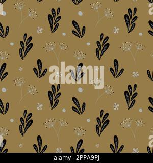 Nahtloses Blumenmuster. Einfarbiges Muster mit Löwenblättern und Blumen auf dunkelblauem Hintergrund Stockfoto