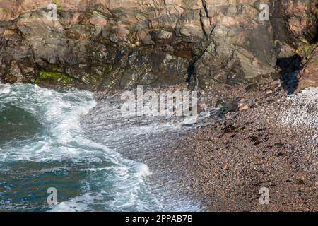 Meereswellen stürzen auf Shingle Beach, Bay of Aird, Uig, Lewis, Isle of Lewis, Hebriden, Äußere Hebriden, Westliche Inseln, Schottland, Vereinigtes Königreich Stockfoto