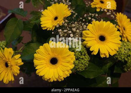 Ein Mosaik aus gelben Blumen mit Gerberas, die das auffälligste Merkmal bilden, schafft eine atemberaubende Darstellung in einem Zuhause, North London 2023 Stockfoto