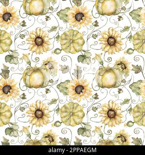 Wasserfarbenes, handgezogenes Kürbis- und Sonnenblumenmuster. Herbstblumen wiederholen Papier. Wunderschöner Textildruck Stockfoto
