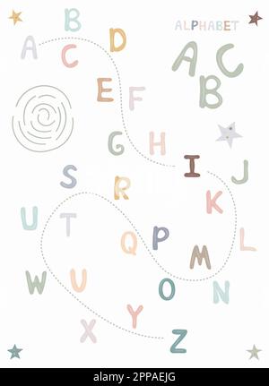 Handgezeichnetes Kinderalphabet mit niedlichen Buchstaben Clip Art, ABC-Poster, pädagogische Illustration für Kinder mit Schriftart, Wandgemälde für das Kinderzimmer, Beige Buchstaben Druck, S Stockfoto