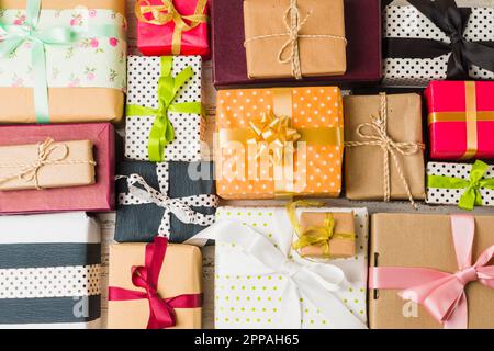 Full Frame schön dekoriert verschiedenen Geschenkboxen Stockfoto
