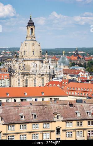 Luftaufnahme über Dresden und die Frauenkirche Stockfoto