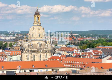 Luftaufnahme über Dresden und die Frauenkirche Stockfoto