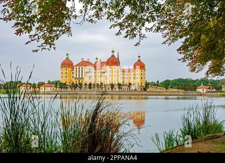 MORITZBURG, DEUTSCHLAND - 21. AUGUST: Schloss Moritzburg in Moritzburg, Germnay am 21. August 2018. Das barocke Schloss wurde im 16. Jahrhundert von erbaut Stockfoto