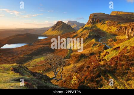 Morgensonne auf Quiraing, Isle of Skye, Schottland, Großbritannien. Stockfoto